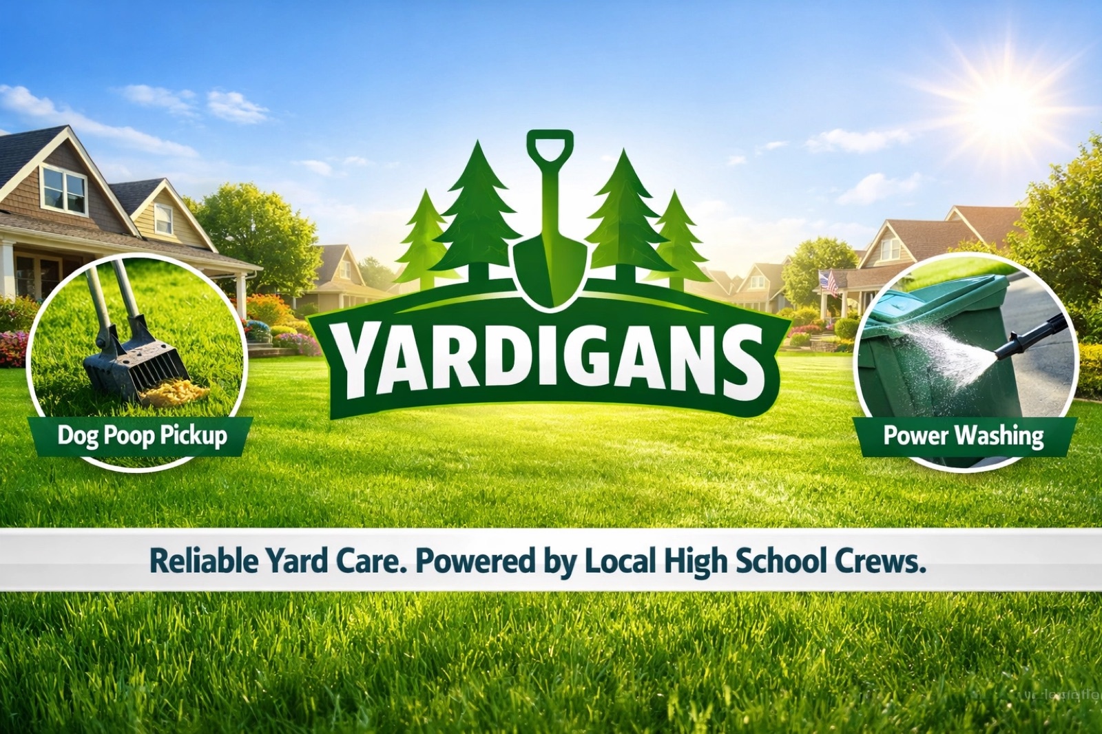 Yardigans services banner showing dog poop pickup and power washing