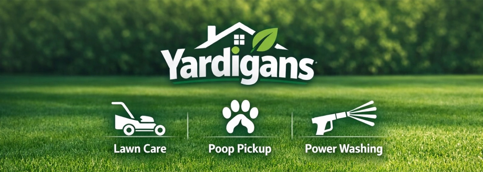 Yardigans hero graphic showing lawn care, poop pickup, and power washing services